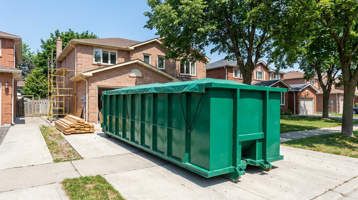 Roll-off dumpster on a driveway in New Brunswick